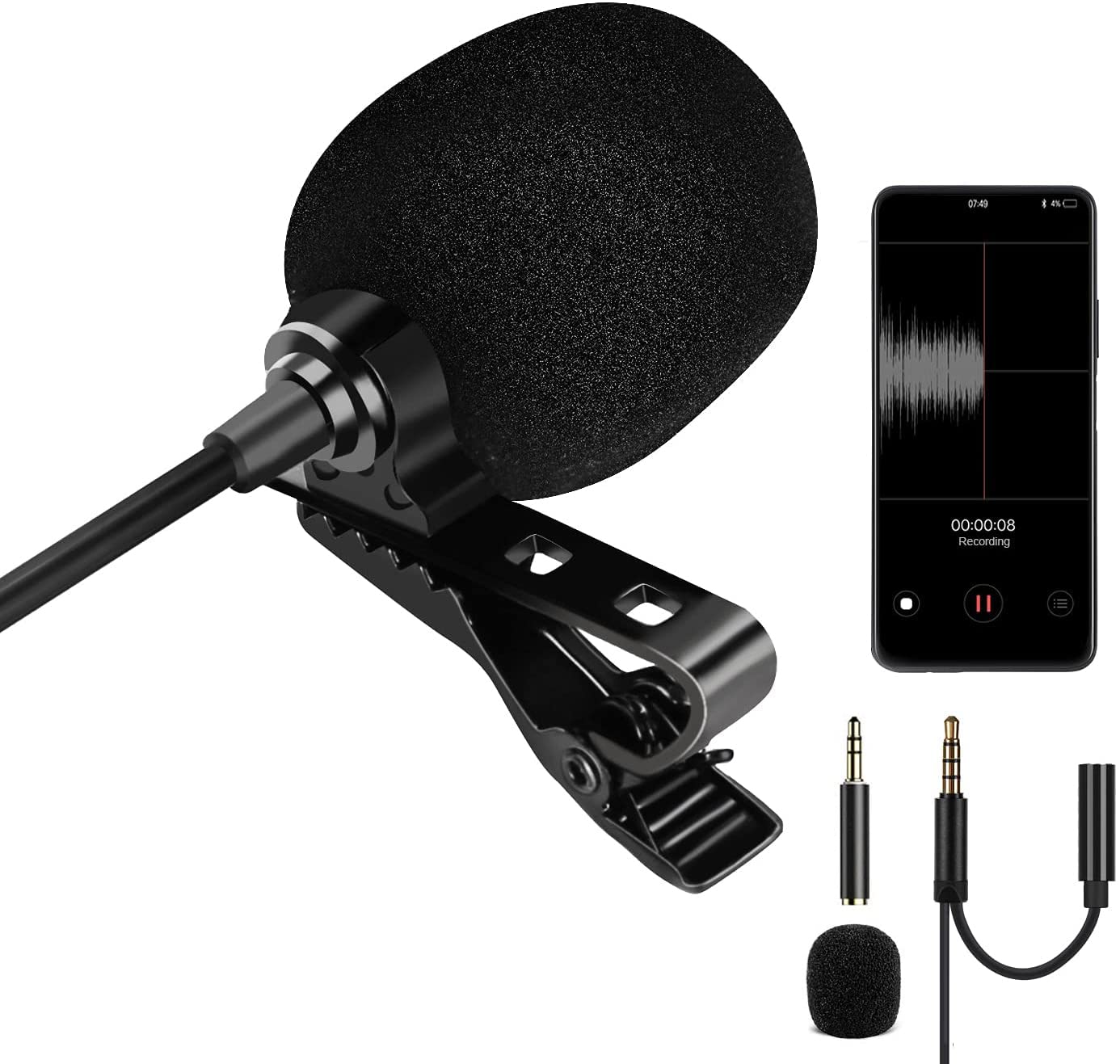 Bokadzi 5 Feet 3.5mm Lavalier Microphone Lapel Omnidirectional Condenser Mic for iPhone Android & Windows Smartphones, YouTube, Interview, Studio, Video Recording（with The 4 Pin to 3 Pin Adapter）