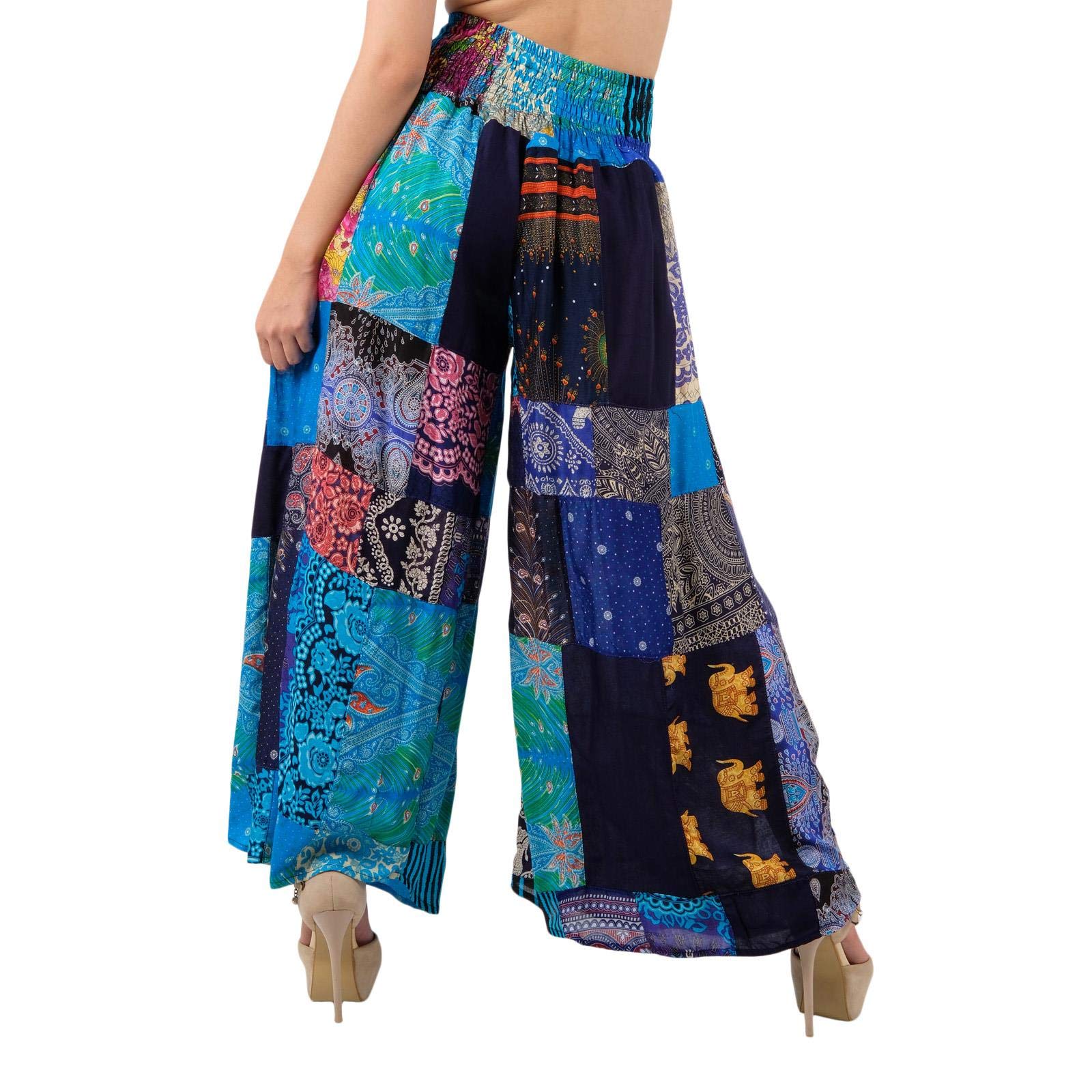 LOFBAZ Women's Patchwork Wide Leg Palazzo Pants Yoga Lounge Hippie Harem Flowy Trousers Juniors Ladies Travel Cover Up Beachwear Patchwork Blue 2XL