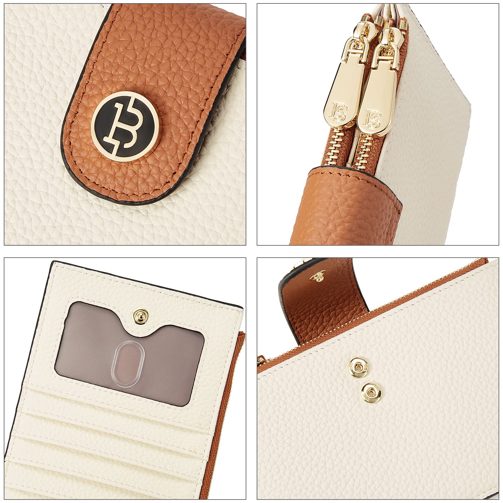 BOSTANTEN Leather Wallets for Women RFID Blocking Slim Bofild Purse Card Holder with Zipper Pocket Beige Brown