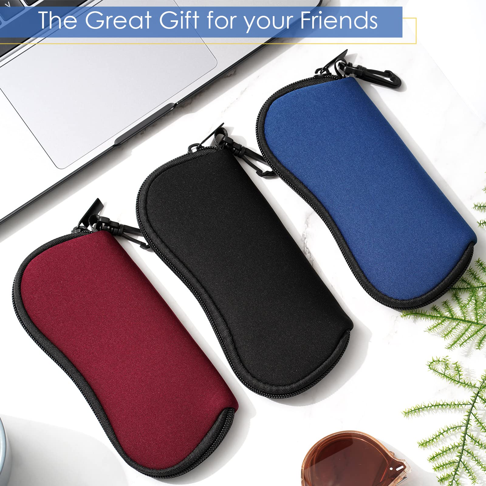 Flutesan 3 Pieces Sunglasses Soft Case Portable Neoprene Zipper Eyeglass Case Ultra Light Sunglasses Safety Pouch Glasses Case with Clip