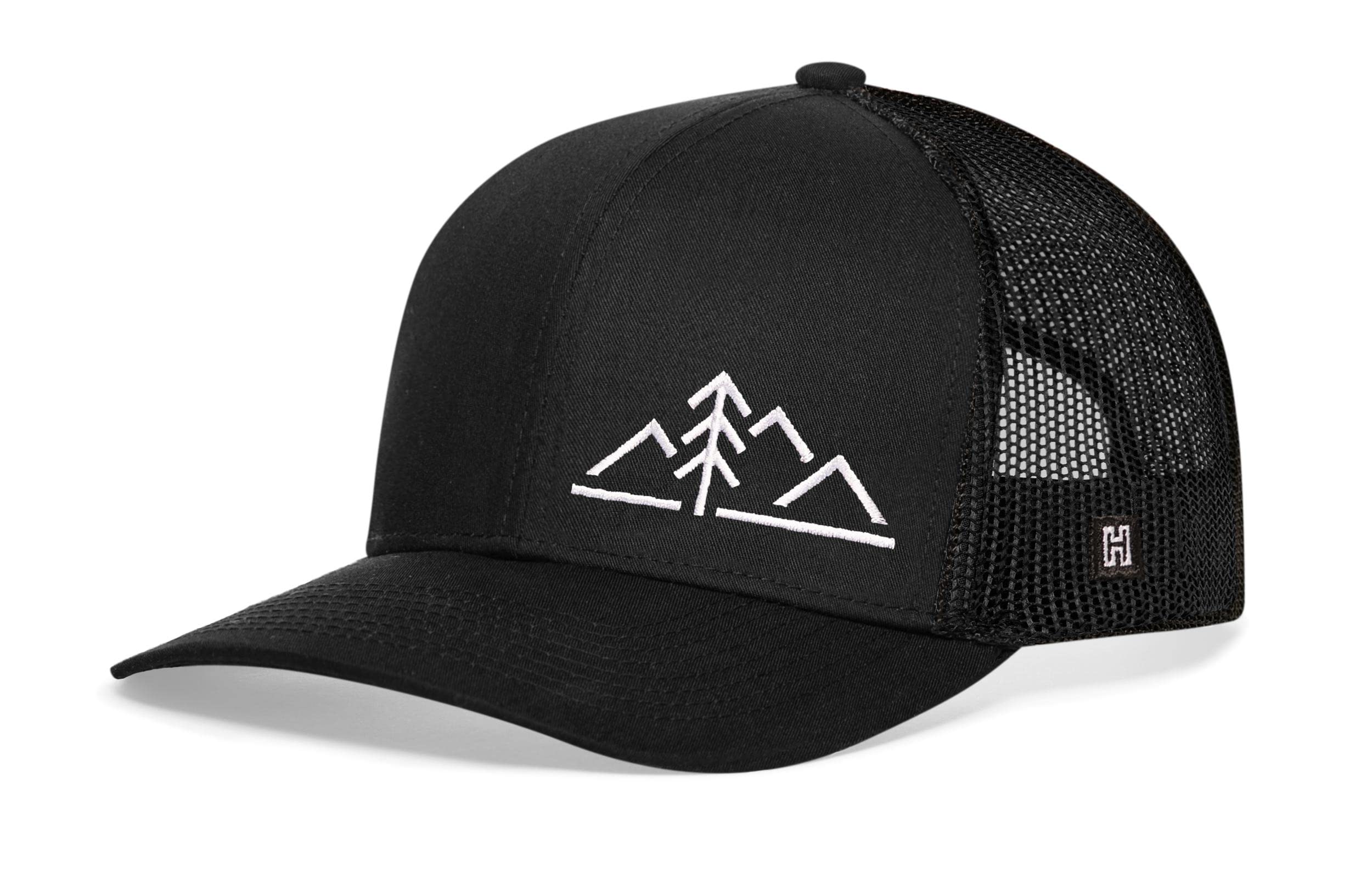 HAKA Mountain & Pine Tree (Modern) Embroidered Trucker Hat, Outdoor Hat for Men & Women, Adjustable Baseball Cap, Mesh Snapback, Golf Hat (Black)