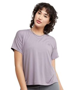 champion t-shirt, soft touch, moisture wicking, anti odor, lightweight tee for women, smoked lilac c logo, large