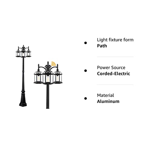 Dusk to Dawn Outdoor Lamp Post Light with 3 LED Bulbs, Triple Head Aluminum Street Light Post for Outside with Sensor, Waterproof Birdcage Pole Lighting Fixture for Backyard Garden Patio Driveway