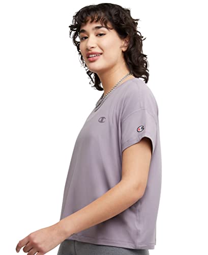 Champion T-Shirt, Soft Touch, Moisture Wicking, Anti Odor, Lightweight Tee for Women, Smoked Lilac C Logo, Large