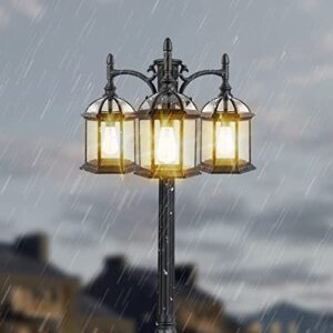 Dusk to Dawn Outdoor Lamp Post Light with 3 LED Bulbs, Triple Head Aluminum Street Light Post for Outside with Sensor, Waterproof Birdcage Pole Lighting Fixture for Backyard Garden Patio Driveway