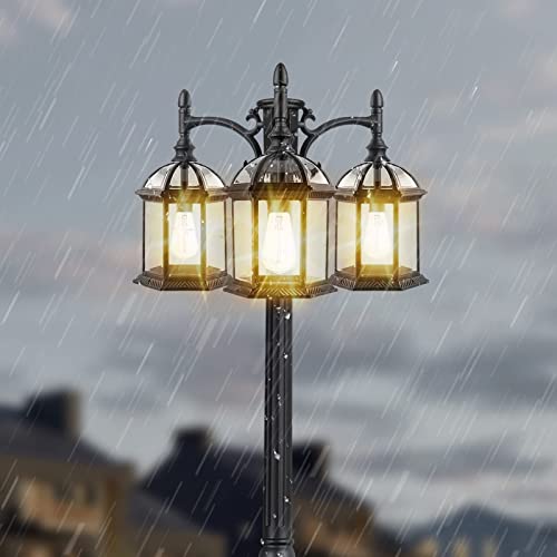 Dusk to Dawn Outdoor Lamp Post Light with 3 LED Bulbs, Triple Head Aluminum Street Light Post for Outside with Sensor, Waterproof Birdcage Pole Lighting Fixture for Backyard Garden Patio Driveway