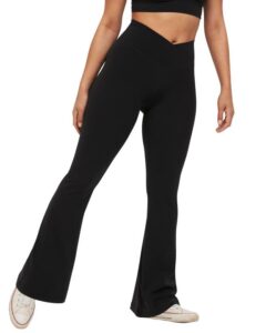 viehunt womens crossover flare leggings high waisted casual cute stretchy full length workout elegant yoga pants black medium