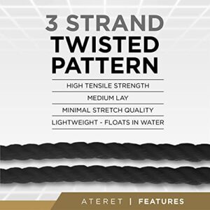 ATERET Twisted 3-Strand Black Polypropylene Rope Monofilament I 1" x 100 Feet I 12,825 lbs. Tensile Strength I Lightweight & Heavy-Duty Synthetic Cord for DIY Projects, Marine, Commercial Use