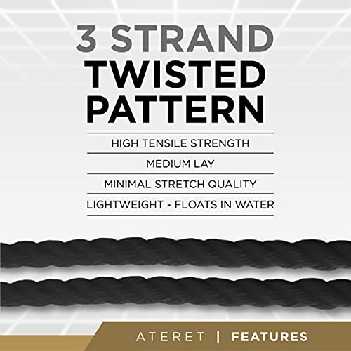 ATERET Twisted 3-Strand Black Polypropylene Rope Monofilament I 1" x 100 Feet I 12,825 lbs. Tensile Strength I Lightweight & Heavy-Duty Synthetic Cord for DIY Projects, Marine, Commercial Use