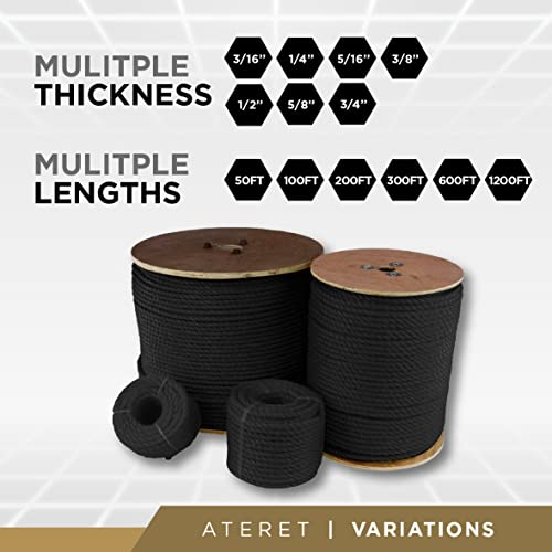 ATERET Twisted 3-Strand Black Polypropylene Rope Monofilament I 1" x 100 Feet I 12,825 lbs. Tensile Strength I Lightweight & Heavy-Duty Synthetic Cord for DIY Projects, Marine, Commercial Use