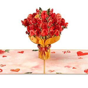 Frndly by Paper Love Pop Up Card, 3D Bouquet of Roses, Handcrafted - 100% Recycled and Eco-Friendly, 8" x 6" Cover - with Removable Note Tag