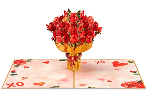 Frndly by Paper Love Pop Up Card, 3D Bouquet of Roses, Handcrafted - 100% Recycled and Eco-Friendly, 8" x 6" Cover - with Removable Note Tag