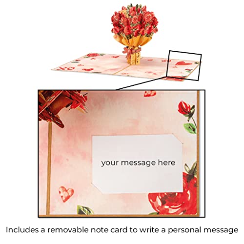 Frndly by Paper Love Pop Up Card, 3D Bouquet of Roses, Handcrafted - 100% Recycled and Eco-Friendly, 8" x 6" Cover - with Removable Note Tag