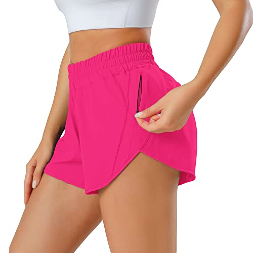 Aurefin Athletic Shorts , Women's Quick Dry Running Track Workout Active Shorts with Elastic and Zip Pocket 2.5 inch HOT Pink/S