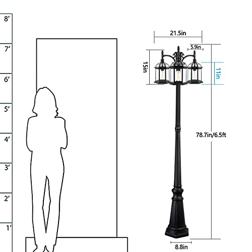 Dusk to Dawn Outdoor Lamp Post Light with 3 LED Bulbs, Triple Head Aluminum Street Light Post for Outside with Sensor, Waterproof Birdcage Pole Lighting Fixture for Backyard Garden Patio Driveway