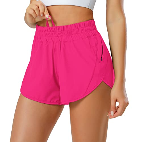 Aurefin Athletic Shorts , Women's Quick Dry Running Track Workout Active Shorts with Elastic and Zip Pocket 2.5 inch HOT Pink/S