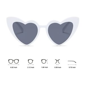 Ridering Women Fashion Goggle Heart Sunglasses Vintage Love Heart Shaped Sunglasses Cat Eye Mod Style Style Retro Glasses (White, Grey)