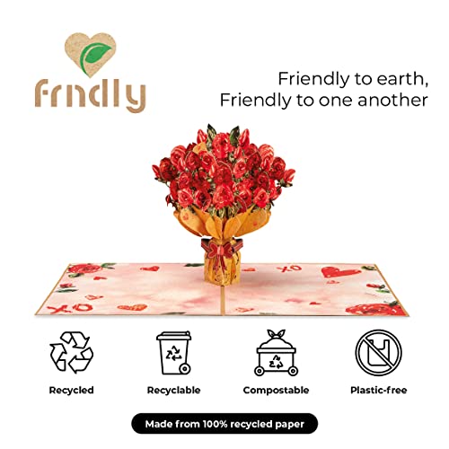 Frndly by Paper Love Pop Up Card, 3D Bouquet of Roses, Handcrafted - 100% Recycled and Eco-Friendly, 8" x 6" Cover - with Removable Note Tag