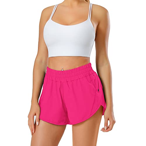 Aurefin Athletic Shorts , Women's Quick Dry Running Track Workout Active Shorts with Elastic and Zip Pocket 2.5 inch HOT Pink/S