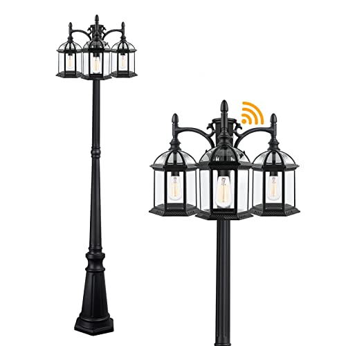 Dusk to Dawn Outdoor Lamp Post Light with 3 LED Bulbs, Triple Head Aluminum Street Light Post for Outside with Sensor, Waterproof Birdcage Pole Lighting Fixture for Backyard Garden Patio Driveway