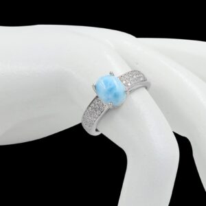 March Birthstone 9X7 MM Oval Natural Blue Larimar Cabochon Gemstone 925 Sterling Silver Solitaire Unisex Proposal Ring For Love and Friendship Gift (Rhodium Plated Silver, 7)