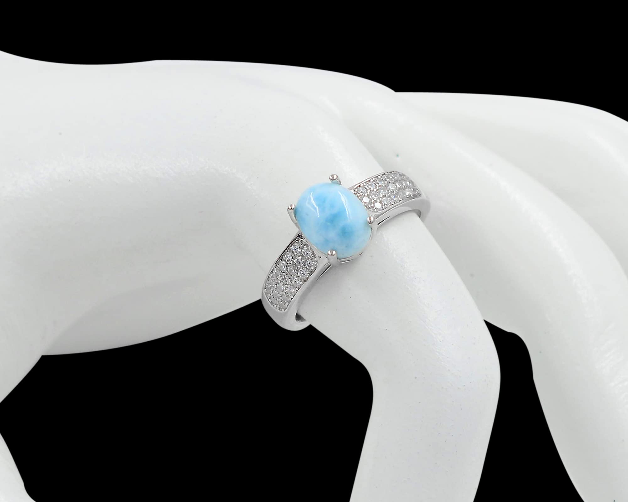 March Birthstone 9X7 MM Oval Natural Blue Larimar Cabochon Gemstone 925 Sterling Silver Solitaire Unisex Proposal Ring For Love and Friendship Gift (Rhodium Plated Silver, 7)