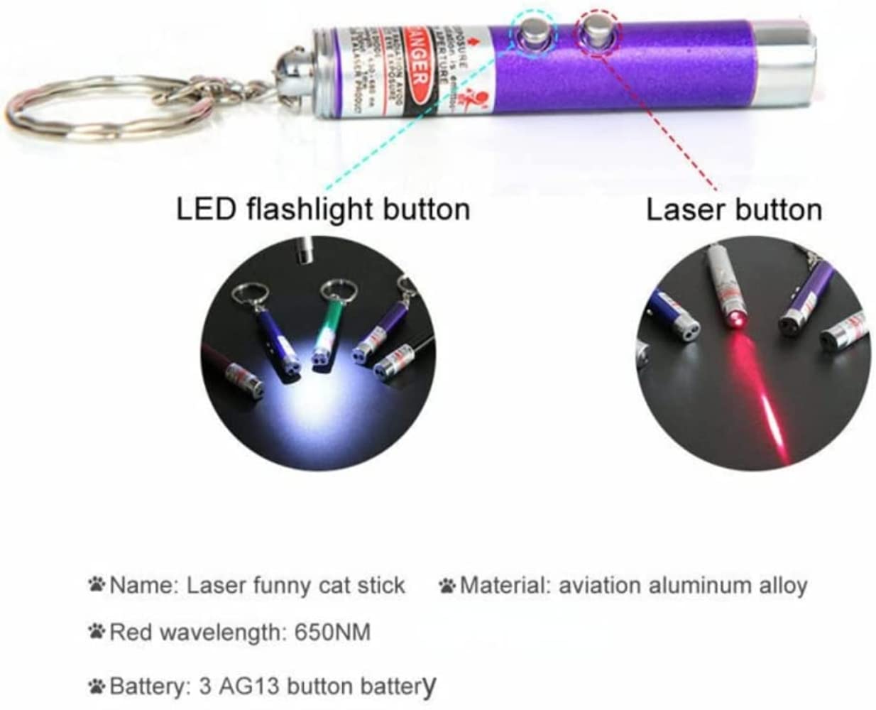 3PCS Mini Cat Toys Laser Pointer Pen Keychain Flashlight Funny Dog Stick Pet Lamp White Light LED Infrared Button Electronics Included (3 PCS Pack, Silver Gray)