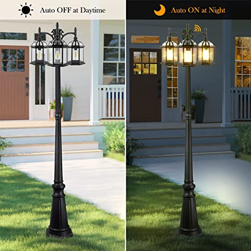 Dusk to Dawn Outdoor Lamp Post Light with 3 LED Bulbs, Triple Head Aluminum Street Light Post for Outside with Sensor, Waterproof Birdcage Pole Lighting Fixture for Backyard Garden Patio Driveway