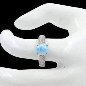 March Birthstone 9X7 MM Oval Natural Blue Larimar Cabochon Gemstone 925 Sterling Silver Solitaire Unisex Proposal Ring For Love and Friendship Gift (Rhodium Plated Silver, 7)