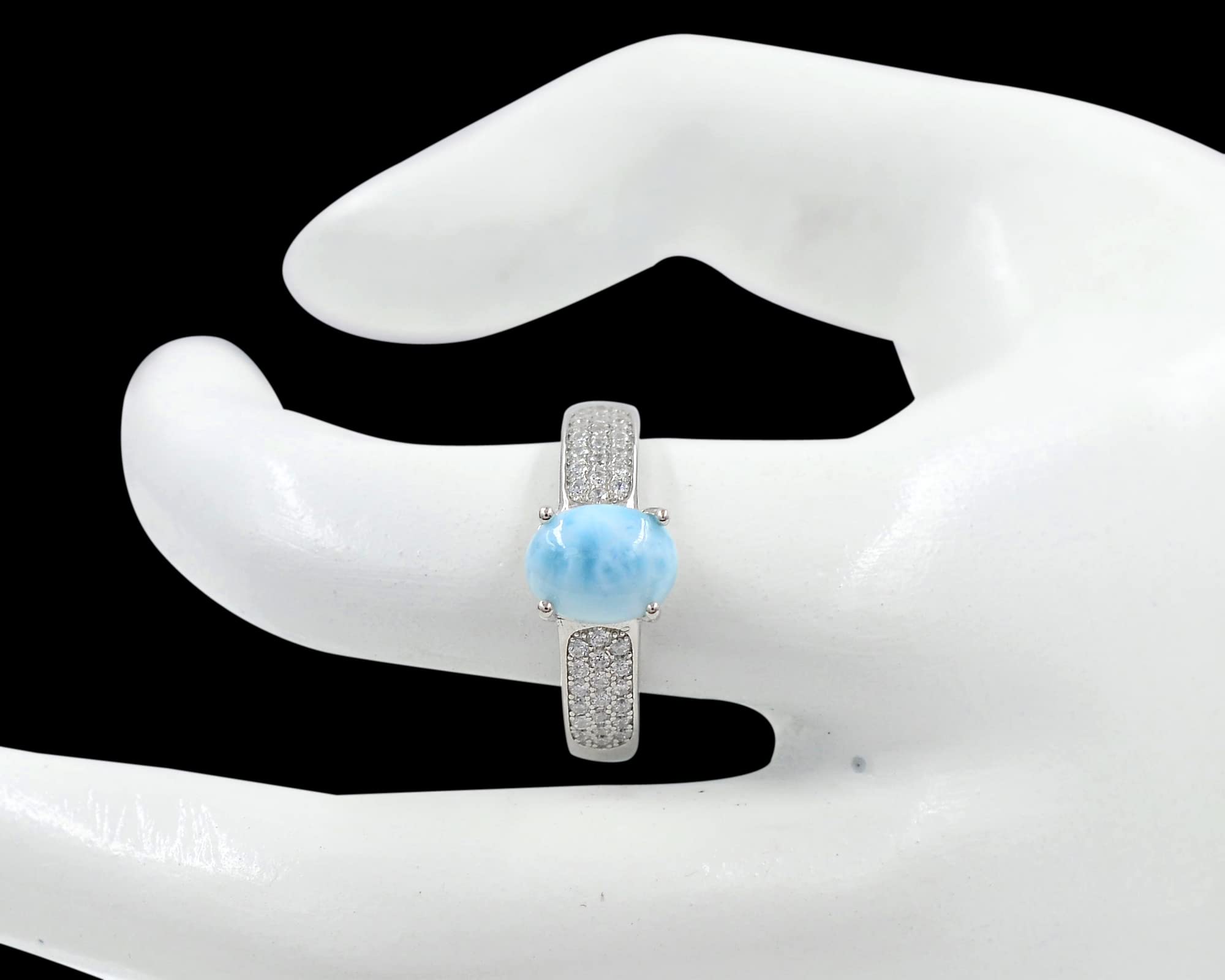 March Birthstone 9X7 MM Oval Natural Blue Larimar Cabochon Gemstone 925 Sterling Silver Solitaire Unisex Proposal Ring For Love and Friendship Gift (Rhodium Plated Silver, 7)