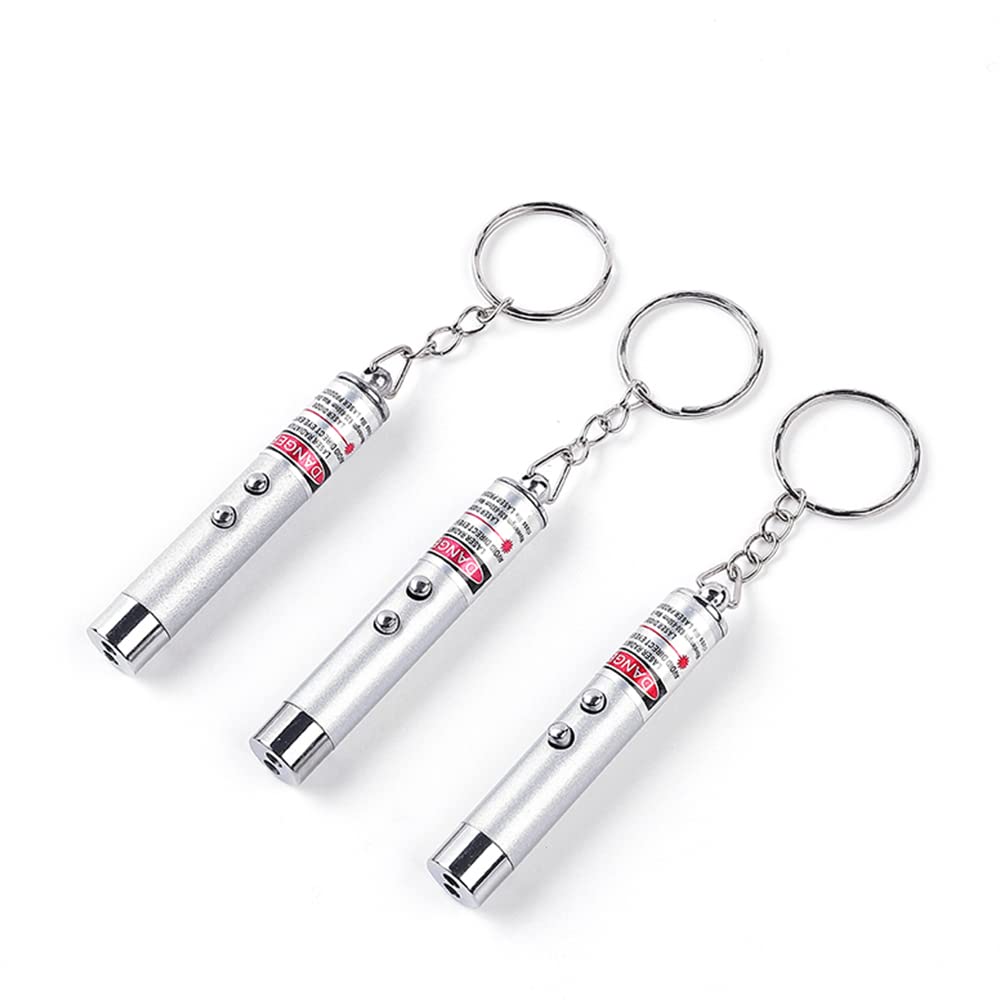 3PCS Mini Cat Toys Laser Pointer Pen Keychain Flashlight Funny Dog Stick Pet Lamp White Light LED Infrared Button Electronics Included (3 PCS Pack, Silver Gray)