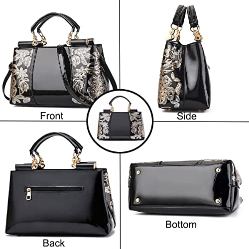 XingChen Shiny Patent Women PU Leather Handbags Embroidery Shoulder Bags Fashion Satchel Purses Top Handle Bags(Black)