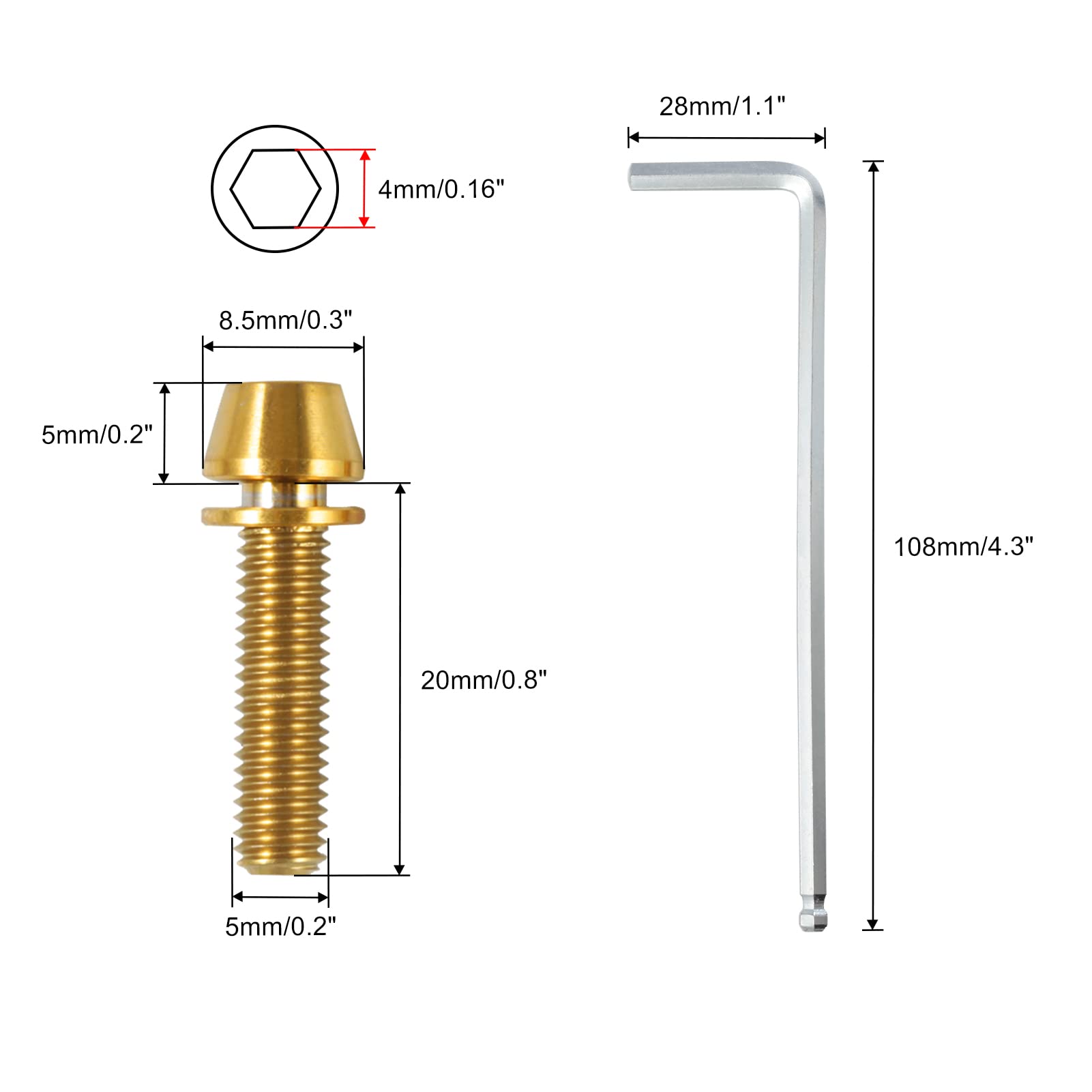 SPEEDWOX 6 Pcs Allen Hex Tapered Bolts Screws with Hex Wrench, Titanium M5x20mm with Washer, MTB Road Mountain Bike Bicycle Stem Bolt Screws Gold for MTB Bike Bicycle Stem