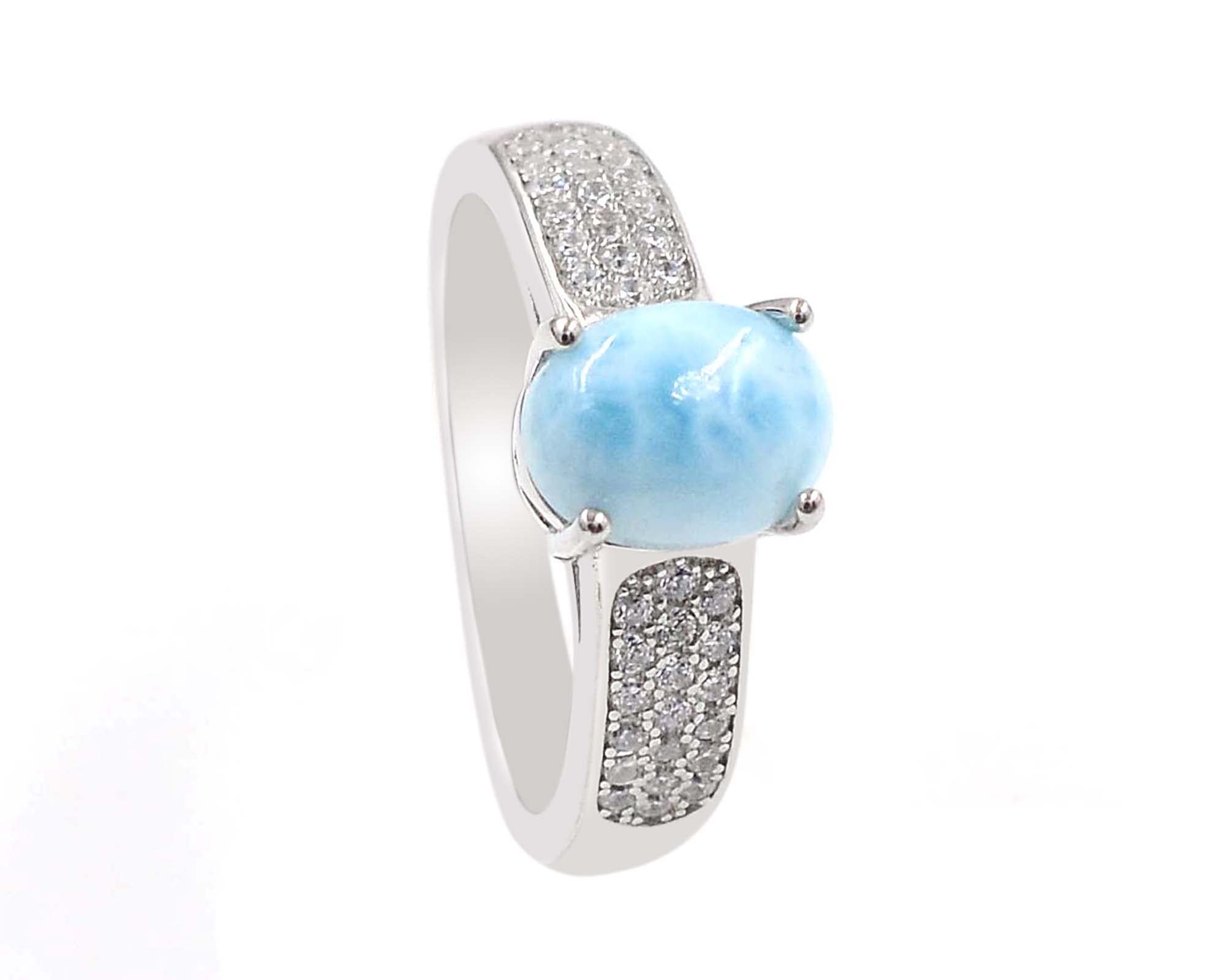 March Birthstone 9X7 MM Oval Natural Blue Larimar Cabochon Gemstone 925 Sterling Silver Solitaire Unisex Proposal Ring For Love and Friendship Gift (Rhodium Plated Silver, 7)