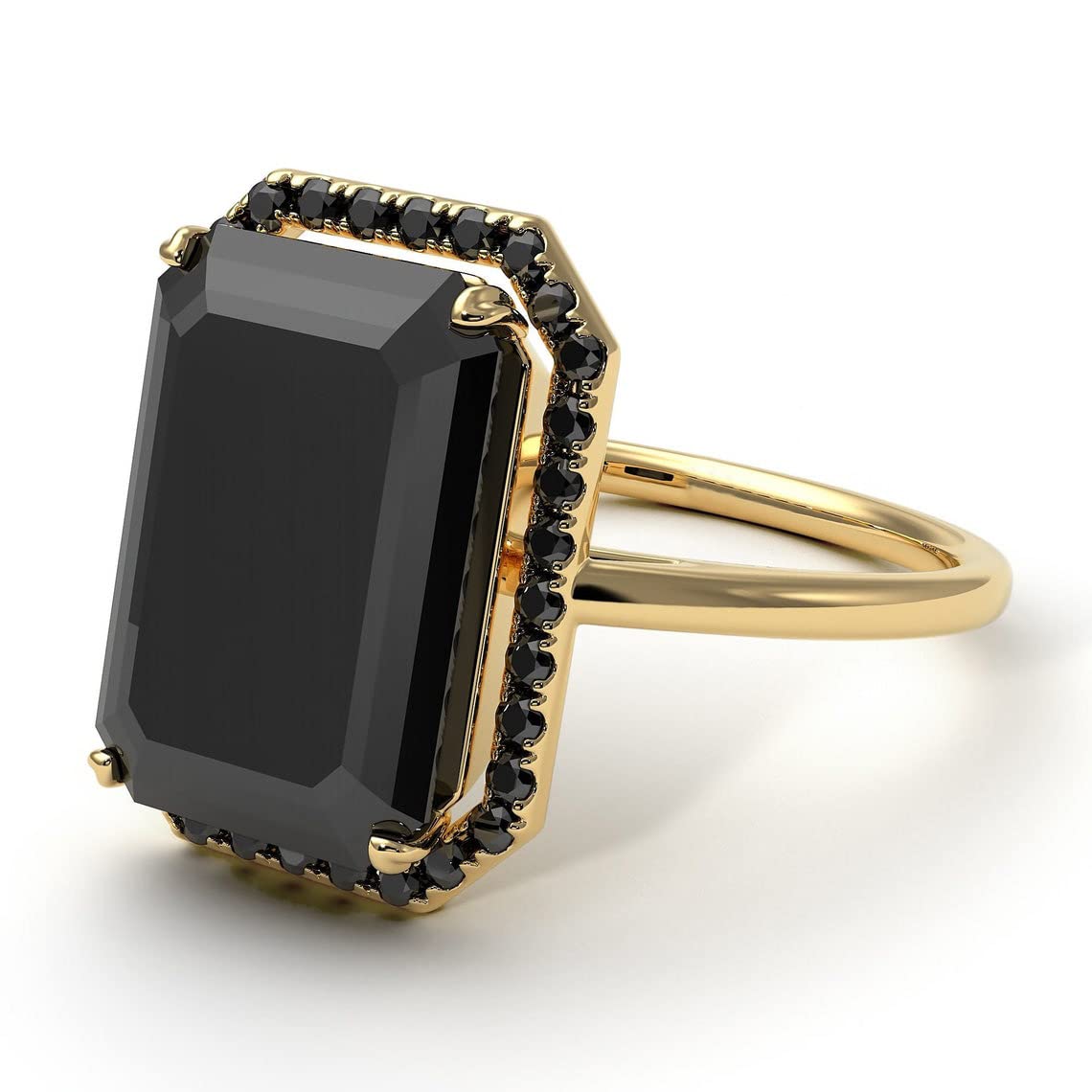 Jewelryonclick 18k Gold Plated Ring Emerald Cut Halo Diamond Jewelry Black Onyx Handcrafted Easy to Wear Ornaments Everyday Rings for Wife US Size : 7