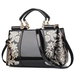 xingchen shiny patent women pu leather handbags embroidery shoulder bags fashion satchel purses top handle bags(black)