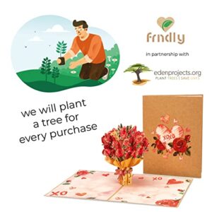 Frndly by Paper Love Pop Up Card, 3D Bouquet of Roses, Handcrafted - 100% Recycled and Eco-Friendly, 8" x 6" Cover - with Removable Note Tag