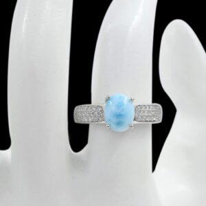 March Birthstone 9X7 MM Oval Natural Blue Larimar Cabochon Gemstone 925 Sterling Silver Solitaire Unisex Proposal Ring For Love and Friendship Gift (Rhodium Plated Silver, 7)