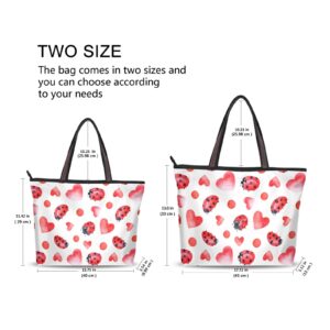 OTVEE Valentine Ladybug Pink Hearts Woman Tote Bag Top Handle Handbag for Work Travel - M Size