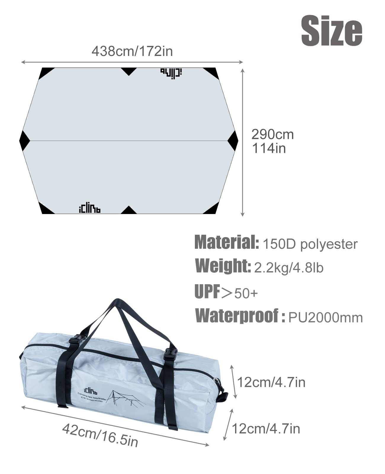 iClimb Waterproof Sun Shield Tarp UPF 50+ for Tent Hammock Camping Backyard Party (Tarp 14'4" × 9'6")