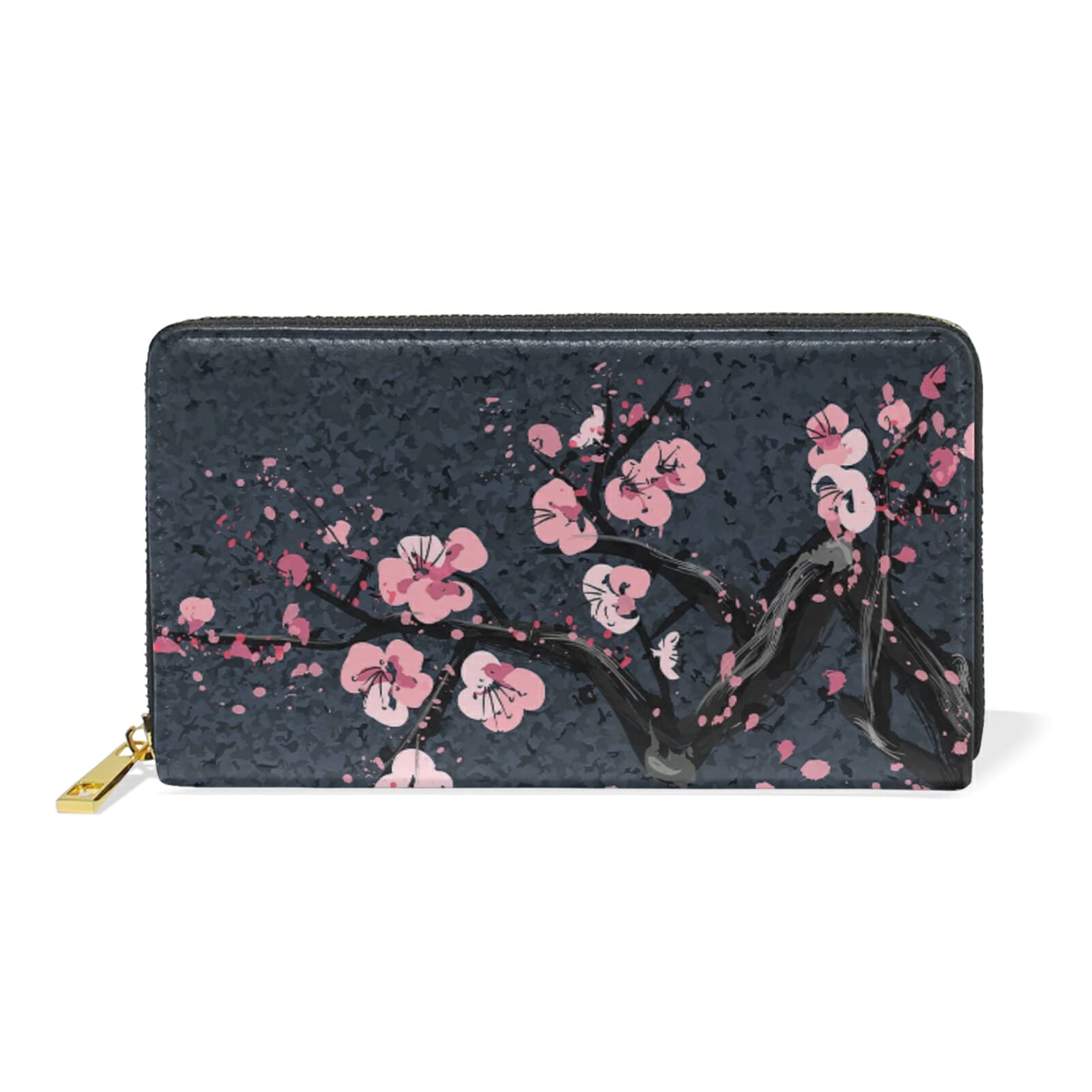 Cherry Blossom Black Leather Long Wallet Organizer with Zipper Purse Clutch Bag for Women Men