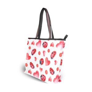 OTVEE Valentine Ladybug Pink Hearts Woman Tote Bag Top Handle Handbag for Work Travel - M Size