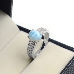 March Birthstone 9X7 MM Oval Natural Blue Larimar Cabochon Gemstone 925 Sterling Silver Solitaire Unisex Proposal Ring For Love and Friendship Gift (Rhodium Plated Silver, 7)