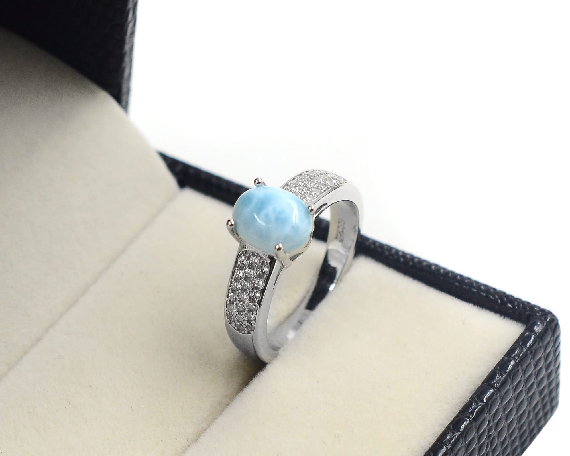 March Birthstone 9X7 MM Oval Natural Blue Larimar Cabochon Gemstone 925 Sterling Silver Solitaire Unisex Proposal Ring For Love and Friendship Gift (Rhodium Plated Silver, 7)