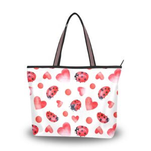 OTVEE Valentine Ladybug Pink Hearts Woman Tote Bag Top Handle Handbag for Work Travel - M Size