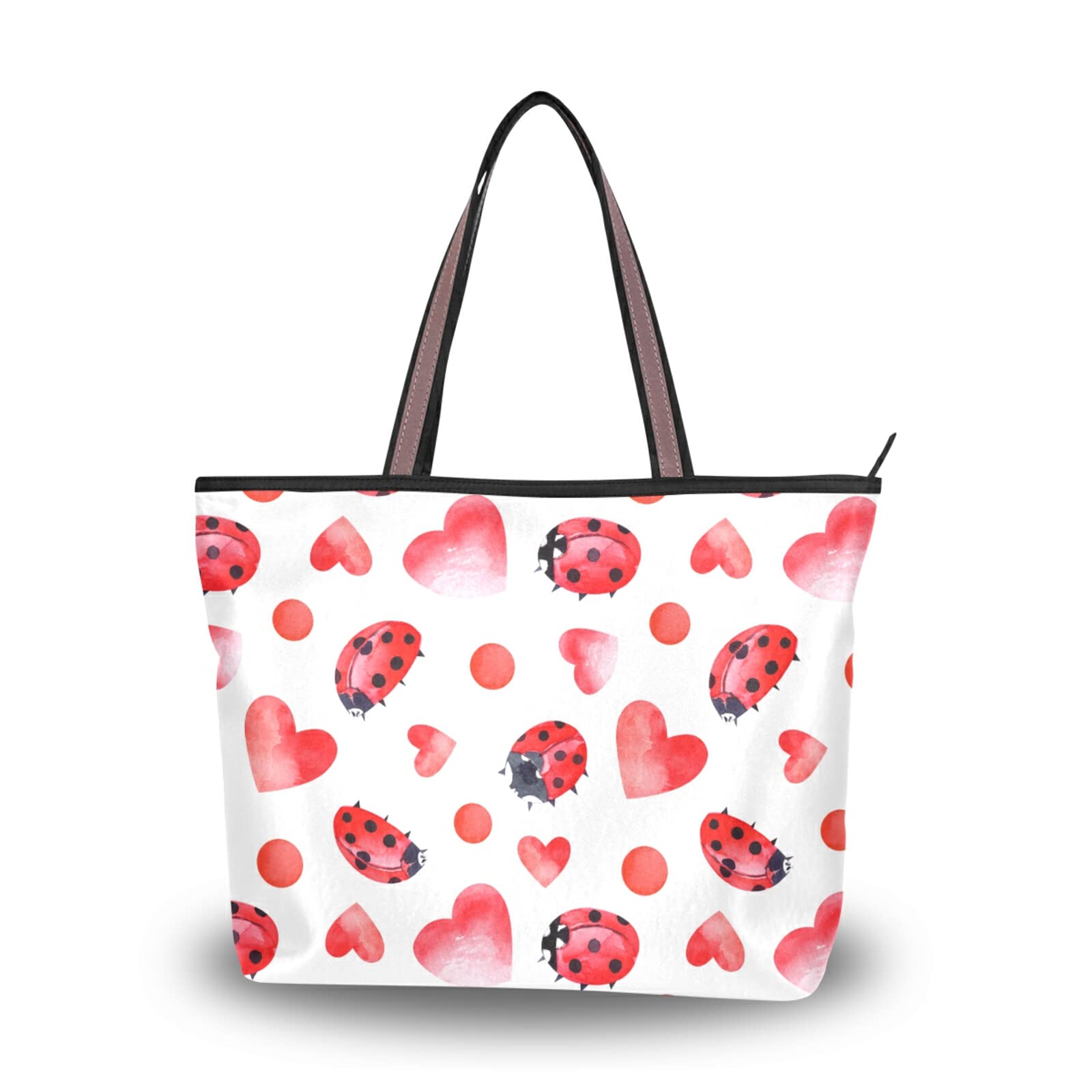 OTVEE Valentine Ladybug Pink Hearts Woman Tote Bag Top Handle Handbag for Work Travel - M Size