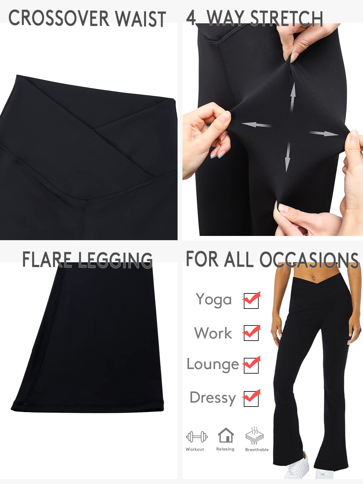 viehunt Womens Crossover Flare Leggings High Waisted Casual Cute Stretchy Full Length Workout Elegant Yoga Pants Black Large