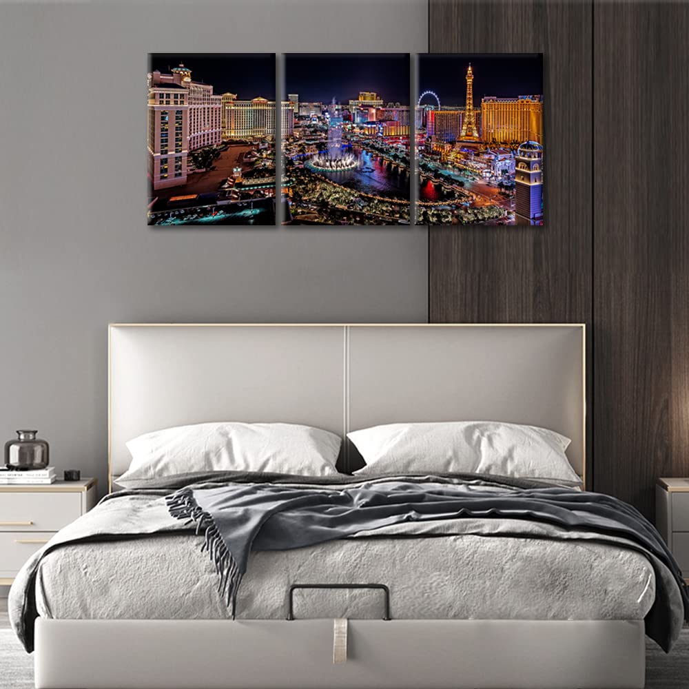 TUMOVO Canvas Painting Las Vegas Nevada Cityscape Wall Art Home Decor for Living Room Prints 3 Pieces Bellagio Casino Night View Poster Pictures Stretched Framed Ready to Hang, 12"x16"x3 Panels