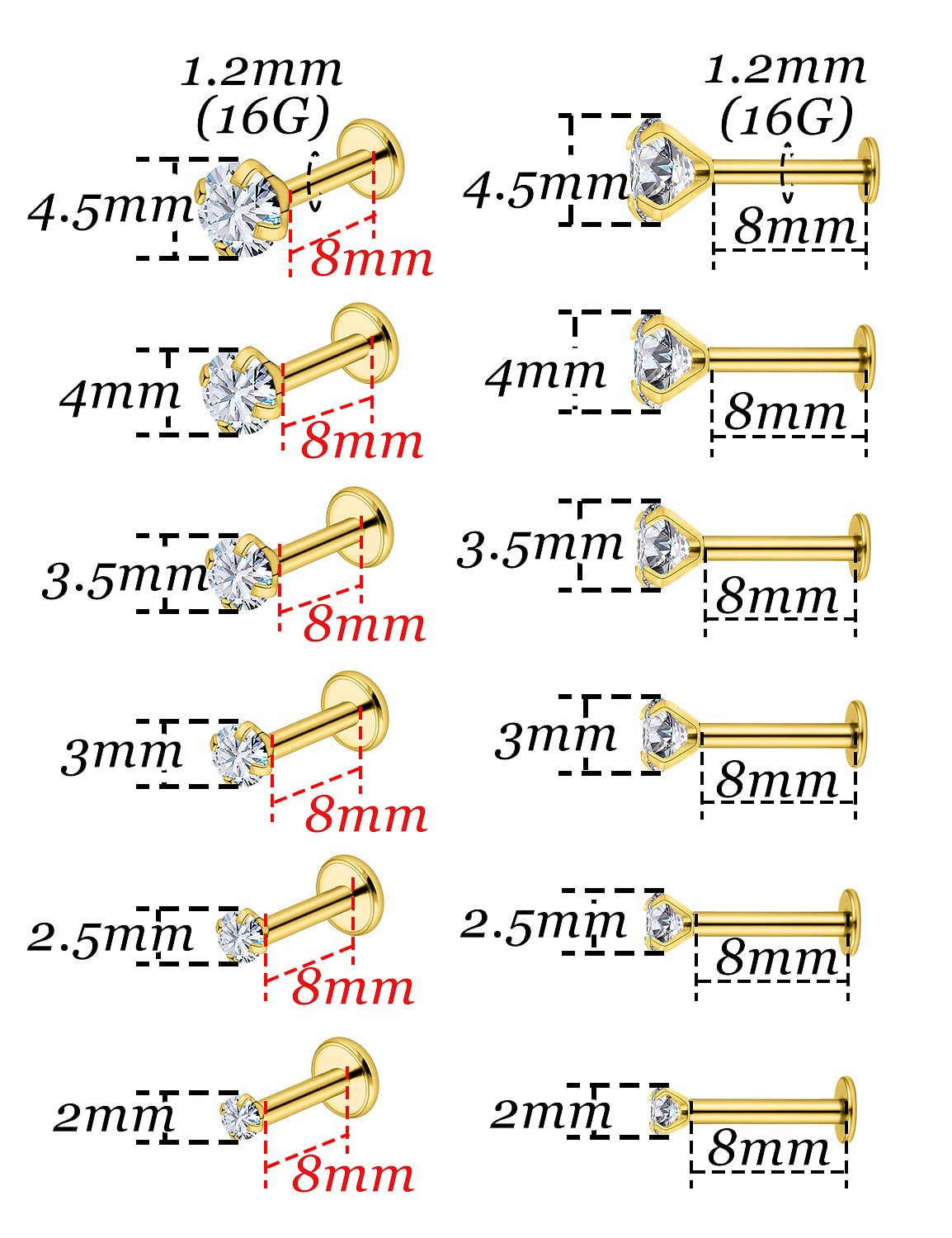 Vsnnsns 16G Lip Rings Stainless Steel Labret Jewelry Monroe Lip Rings Nail Cartilage Tragus Helix Earrings Studs Piercing Jewelry Medusa Piercing Jewelry for Women Men 16 Gauge Earrings 8mm Gold