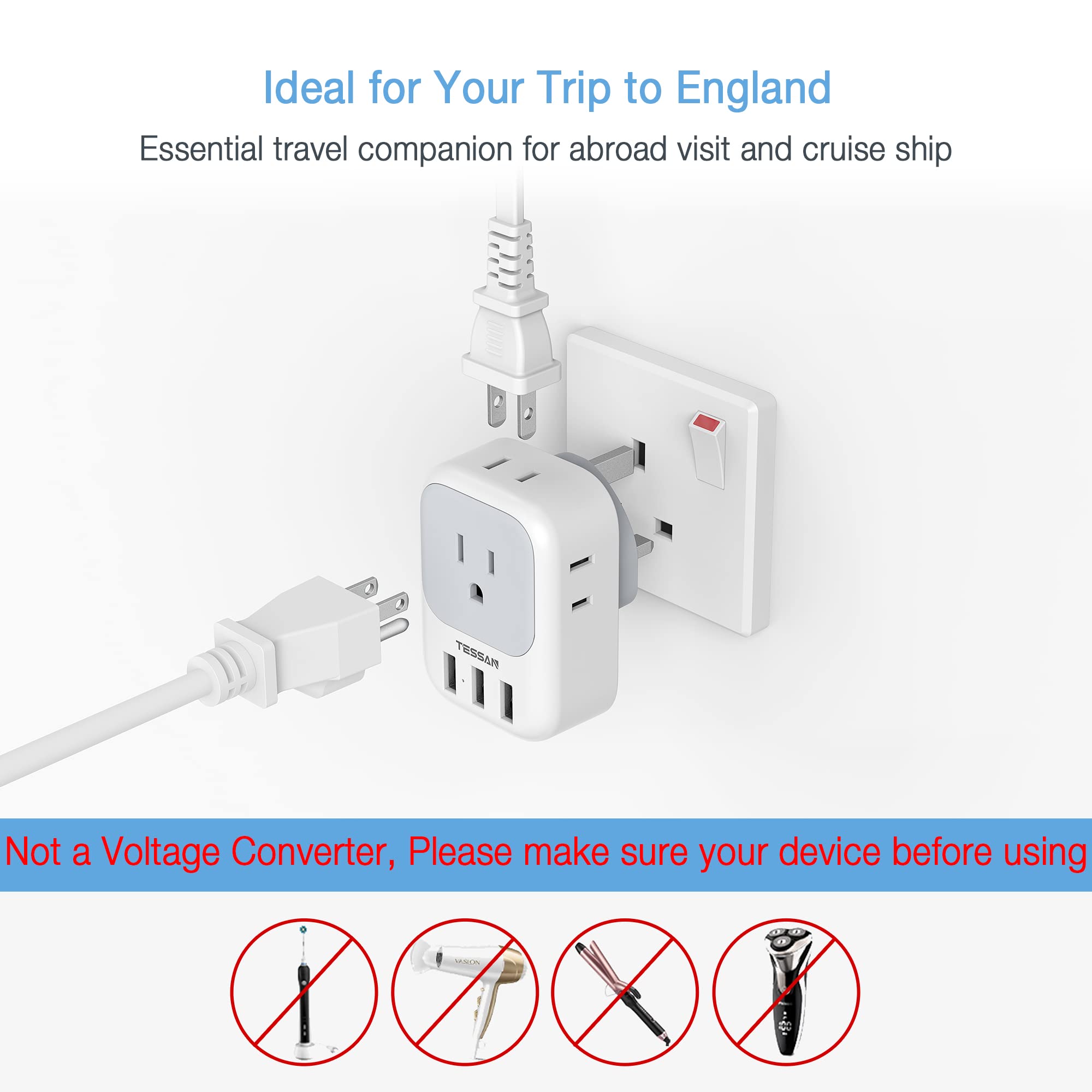 2 Pack US to UK Plug Adapter, TESSAN Ireland Scotland Type G Power Adapter, 4 American Outlets 3 USB, Travel Adaptor Converter for USA to England London British Hong Kong Irish Kenya Dubai Qatar